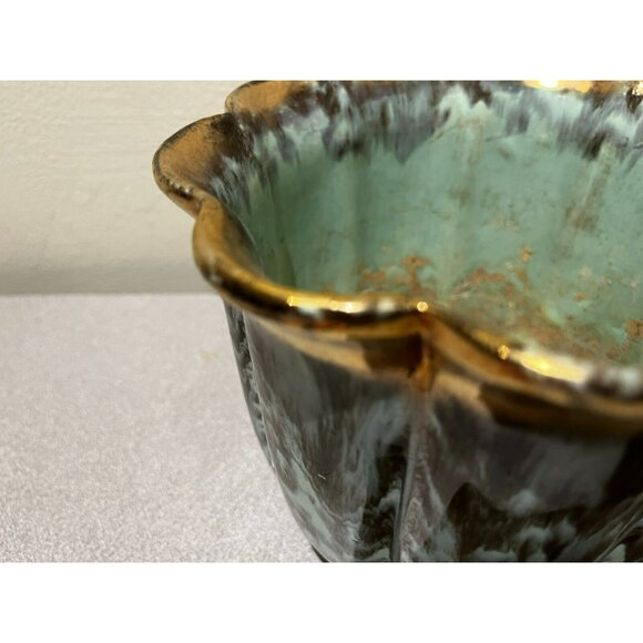 Vintage Fohr Ceramic GERMANY Green Gold Glazed drip bowl 7" - Picture 5 of 13